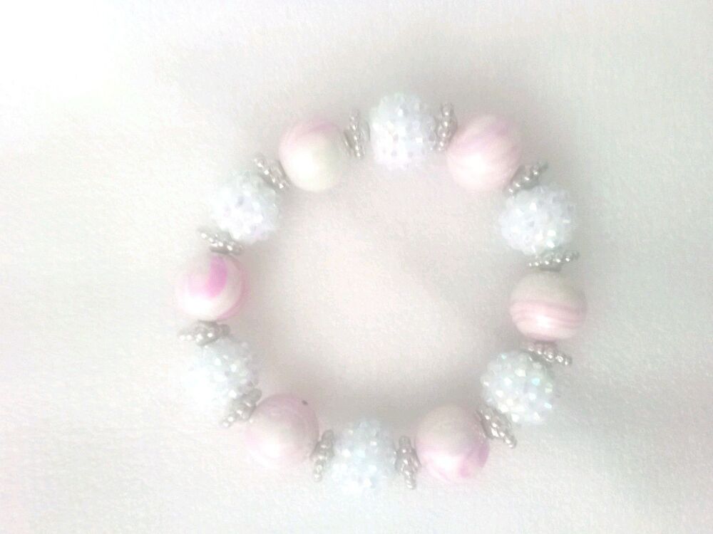 Beaded Stretch Bracelet In Pink And White Sparkles Casual Girly